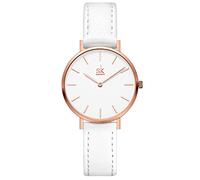 SHENGKE SK Ultra Thin Minialist Women Watches Simple Two Hands Ladies Dress Watch Leather Strap (White)
