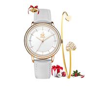 SHENGKE Women's Watch Gift Set Quartz Leather Strap Simple Ladies Watch Girls Dress Wristwatch with Bracelet Gift White