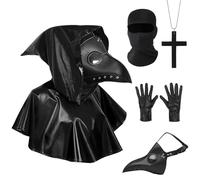 shengo 5PCS Plague Doctor Bird Mask, Halloween Beak Mask, Steampunk Cosplay Mask Bird Beak with Necklace Black Hooded Cape Gloves for Halloween Carnival Party Fancy Dress