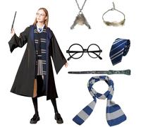 shengo 7Pcs Dark Wizard Halloween Fancy Dress, Adult Kid Wizard School Robe, Wand, Tie, Scarf, Glasses, Necklaces and Bracelets, Magical Cosplay Costumes for Halloween World Book Day Carnival, Blue