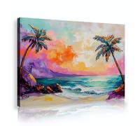 SHENGPOSTER Abstract Palm Tree Beach Canvas Wall Art Magical Brushstroke Sunset Sky Wall Decor Tropical Ocean Posters Pictures for Lounge Office Multi-color 65x98cm Innerframe