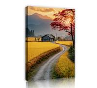 SHENGPOSTER Autumn Countryside Canvas Prints Golden Harvest Path Wall Art with Red Maple Distant Mountains Wall Decor for Dining Room Farmhouse Decor 35x52cm Innerframe
