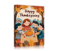 SHENGPOSTER Cartoon Canvas Prints Autumn Dinner Party Pictures Paintings on Canvas Wall Art for Bedroom Home Office Thanksgiving Decoration Yellow 45x60cm Innerframe