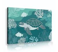 SHENGPOSTER Fresh Minimalist Canvas Wall Art Sea Turtle Seaweed Fish Turtle Blue Ocean Paintings Wall Decor for Living Room Bedroom Ready to Hang 60x90cm Innerframe