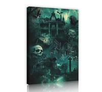 SHENGPOSTER Gothic Haunted House Canvas Prints Horror Mysterious Villas Canvas Wall Art for Home Bedroom Living Room Skulls Bats Wall Decor Green 85x120cm Innerframe