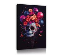 SHENGPOSTER Halloween Theme Giclee Canvas Prints Flowers Skull Balloons Butterfly Pictures Paintings Black Background Wall Art for Home Office Decor 30x45cm Innerframe