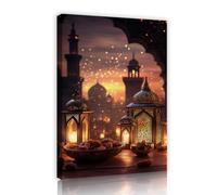 SHENGPOSTER Islamic Canvas Wall Art Cutout Lantern Dates Mosque Skyline Canvas Prints for Living Room Dining Room and Office Wall Decor Ready to Hang 35x52cm Innerframe