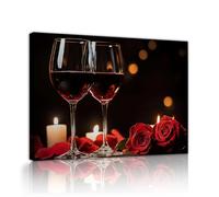 SHENGPOSTER Moody Candlelit Dining Canvas Wall Art Elegant Red Wine Glasses with Roses and Glowing Candles Wall Prints for Kitchen Lounge Home Decor Innerframe 50x65cm