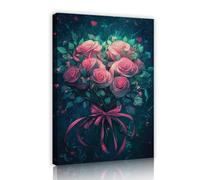 SHENGPOSTER Romantic Pink Rose Bouquet with Ribbon and Hearts Canvas Print Dark Teal Background Floral Wall Art Love Theme Decor for Bedroom Living Room 30x42cm Innerframe