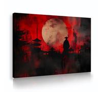 SHENGPOSTER Solitary Samurai Red Moon Wall Art Red Black Splash Japanese Art Canvas Print Gaming Room Decor for Living Room Study Bar Dark Decor 80x112cm Innerframe