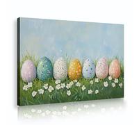 SHENGPOSTER Spring Holiday Canvas Prints Easter Eggs Fresh Green Grass Wall Picture White Daisies Blue Sky Wall Art for Living Spaces Home Decor 20x28cm Innerframe
