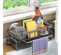 SHENGRUI Multifunctional Kitchen Sink Storage Organiser, Black Carbon Steel Sponge Holder, Countertop Cleaning Rack with Removable Dish Cloth Hanger, Washing up Caddy for Kitchen Bathroom (Black)