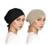Shengxi 2PCS Hijab Undercap Soft Cotton Chemo Headscarf Breathable Cancer Slip-On Headwear Adjustable Headscarves for Islamic Women (Black+Khaki)