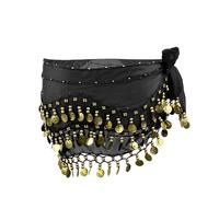 Shengxi Belly Dance Hip Scarf, Black Belly Dance Skirt with 128 Dangling Gold Coins, Women's Belly Dance Costume for Show Party, One Size