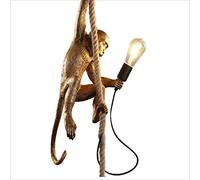 SHENGXUAN Monkey Pendant Lamp Hemp Rope Chandelier Black Resin Material Edison E27 Creative Country Cartoons Animal Shape Hanging Lamp Retro bar Cafe Restaurant Ceiling Light (Golden)