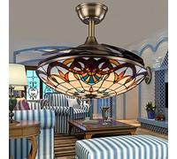 SHENGXUAN Retro Ceiling Fan Light,Tiffany-Style Ceiling Lamp Living Room Dining Room Fan Chandelier Mediterranean Retractable Bedroom Fan Light Vintage Ceiling Fan Bronze 36inch/91cm