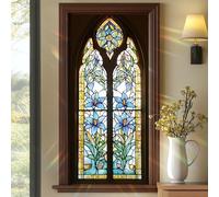 SHENGYUMY Blue Iris Stained Glass Window Film 17.7 x 39.3 Inch Gothic Arch Floral Static Cling Privacy Window Sticker No Glue Reusable UV Protection Decorative Glass Door Bathroom Panel