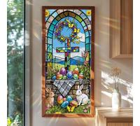 SHENGYUMY Easter Cross Window Film 39.37x15.75 Inch Stained Glass Bunny Egg Pattern Static Cling Window Sticker for Spring Religious Holiday Glass Panel Decor