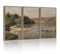 SHENIFY Vintage Framed Wall Art Rustic Country Riverside Landscape Scenery Home Decor Retro Mountain Decorations for Bedroom Ready to Hang Wall Artwork - 16x24in3pcs Natural Framed