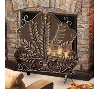 SHENJIA Fire Screen Iron Fireplace Screen for Wood Burning Stove, Antique Gold Fireguard with Leaf Pattern, Vintage Indoor Outdoor Spark Guard Cover