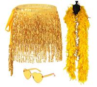 SHENJIPPC Sequin Belly Dance Hip Skirt Tassel Scarf Boho Fringe Rave Skirt with Heart Sunglasses Feather Boas, Gold, One Size Short