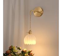 Shenmoyl Battery Operated Wall Light, Rechargeable Wall Lamp Indoor with Adjustable Cord, Vintage Wall Sconce Decor for Bedside Living Room Bedroom Bathroom, Tulip White