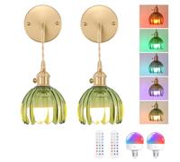 Shenmoyl Battery Operated Wall Light Set of 2, Rechargeable Wall Lamp Indoor with Adjustable Cord, Vintage Wall Sconce Decor for Bedside Living Room Bedroom Bathroom, Tulip Green