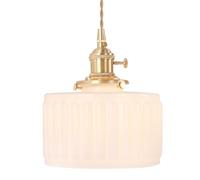 Shenmoyl Pendant Light with White Striped Glass Lampshade, Brass Vintage Pendant Light Adjustable Hanging Light for Kitchen Island Dining Room Hallway