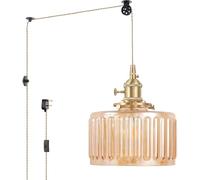 Shenmoyl Plug in Pendant Light Hanging Light Fixture Corded On/Off Switch Brass Pendant Light with Amber Striped Glass Lampshade for Bedroom Living Room Kitchen Island