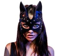 shenruifa Rivet Cat Head Girl Cosplay Costume Goggles, Cat Ear PU Leather Mask Half Face Mask for Halloween Christmas Carnival (Black)