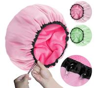 Sheomern 2 Pcs 13.5" Dual Waterproof Design Adjustable Terry Shower Cap for Women and Men, EVA Double Layer Bath Cap Reusable for Braids, Long Hair, Dreadlocks