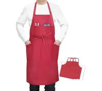 SHEOMERN 3 Pcs Dual Waterproof Oilproof Kitchen Chef Aprons with 4 Pockets for Men Women, Adjustable Soft Anti-Tear Cooking Bib Apron for Baking Grilling BBQ Painting Cleaning (Red)