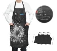SHEOMERN 3 Pcs Dual Waterproof Oilproof Kitchen Chef Aprons with 4 Pockets for Men Women, Adjustable Soft Anti-Tear Cooking Bib Apron for Baking Grilling BBQ Painting Cleaning (Black)