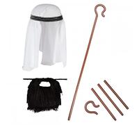 Shepherds Headpiece + Shepherd's Crook + Black Beard : Adult Christmas Nativity Fancy Dress Accessory Set