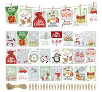SHEPIN Pack of 24 Advent Calendar Diamond Painting Christmas Cards, A6 Christmas Postcards with 24 Wooden Clips, 10 Metre String. Diamond Painting Advent Calendar Cards Christmas Gift