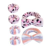 SHERCHPRY 2 Sets Bow Face Wash Headband Wrist Set Skincare Headbands for Makeup Spa Daily Use Soft Durable Cloth Adorable Design for Women Pink Leopard Blue Red Stripe