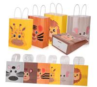 SHERCHPRY 24pcs Jungle Animal Printed Kraft Paper Bags for Boys and Girls Birthday Party Favors for Treats Sweets and Surprises Fun Designs Including Lion Giraffe Monkey