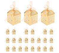 SHERCHPRY 25Pcs Hollow Wedding Candy Boxes Retro Style Small Treat Packaging Boxes with Ribbon for Party Favors and Chocolate Storage in Reflective Gold