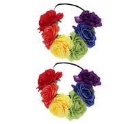 SHERCHPRY 2pcs Rainbow Rose Flower Headband Floral Garland Elastic Hair Wreath for Women Lightweight Party Wedding Prom Accessories