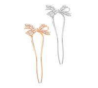 SHERCHPRY 2pcs U-shaped Chinese Hair Pins with Rhinestone Bow Metal French Twist Hair Forks for Long Thick Vintage-inspired Updo Chignon Accessories Gold Silver