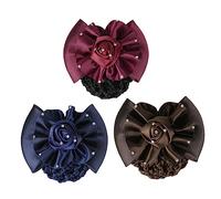 SHERCHPRY 3pcs Hair Snoods and Hair Net Clips for Women Polyester Rose Rhinestone Coffee Blue and Fuchsia Colors Suitable for Nurses and Hotel Staff Bun Styling