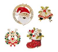 SHERCHPRY 4pcs Christmas Brooch Set with Elk Rhinestone, Bell, Santa Head Wreath Pins, Fashionable Xmas Corsages for Women’s Clothing Accessories Random Color