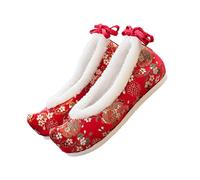 SHERCHPRY Chinese Style Hanfu Shoes with Hidden Wedge Heel, Red Embroidered Flats Featuring Three-Dimensional Floral Design, Plush Fabric Construction, Sweat Absorption and Foot Burden