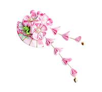 SHERCHPRY Japanese Kimono Flower Hair Clip with Tassel for Women Elegant Handmade Fabric Hairpin Ornament for Summer Festival and Kimono Dress Up Pink Fan Design