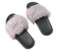 SHERCHPRY Slip Women's Indoor Slippers Light Grey Faux Fox Soft Breathable Cozy Footwear for Ladies Non Skid Sole Comfortable House Shoes
