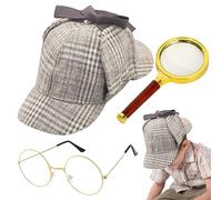 Sherlock Detective Costume Set:1920s 3 Piece Accessories Kit with Classic Hat, Gold Frame Glasses, Magnifier, Vintage Detective Costume, Play Dress