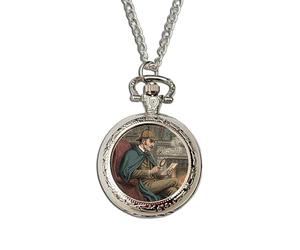 Sherlock Pocket Watch - Victorian Detective Holmes Illustration - Arthur Conan Doyle Literary Gift - Silver Quartz Pendant Watch with Chain for Book Lovers, Mystery Fans & Classic Crime Lovers