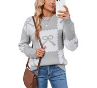 shermie Women Check Sweater Fall Winter Long Sleeve Crew Neck Color Block Bow Pullover Sweaters, Grey, M