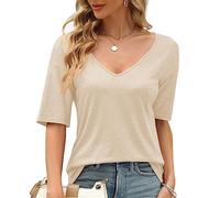 Sherosa Womens T Shirts V-Neck Half Sleeve Loose Fit Shirts Casual Solid Basic Tops, A Cream, S