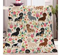 Sherpa Blanket 180x200 cm, Animal Dachshund Pink Flowers Fleece Throw Blanket Reversible Soft Warm Fluffy Cosy Plush Blanket for Kids Adults, Blanket Easy to care for Sofa Bed Couch
